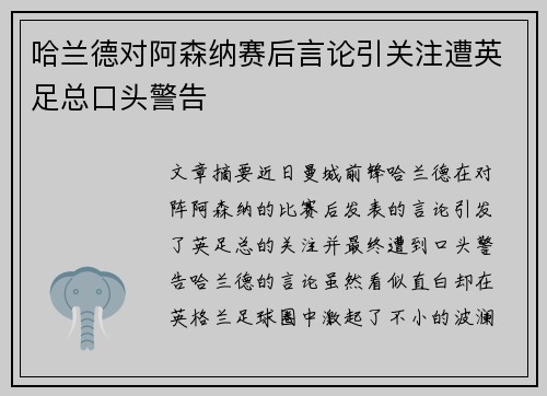 哈兰德对阿森纳赛后言论引关注遭英足总口头警告 哈兰德对阿森纳赛后言论引关注遭英足总口头警告